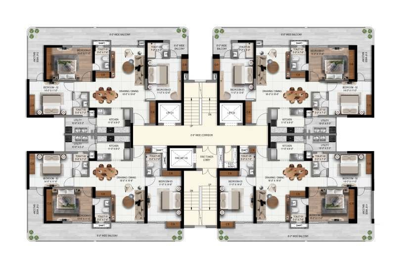 Twin Towers By AARV cluster plan showing 4 apartments per floor core